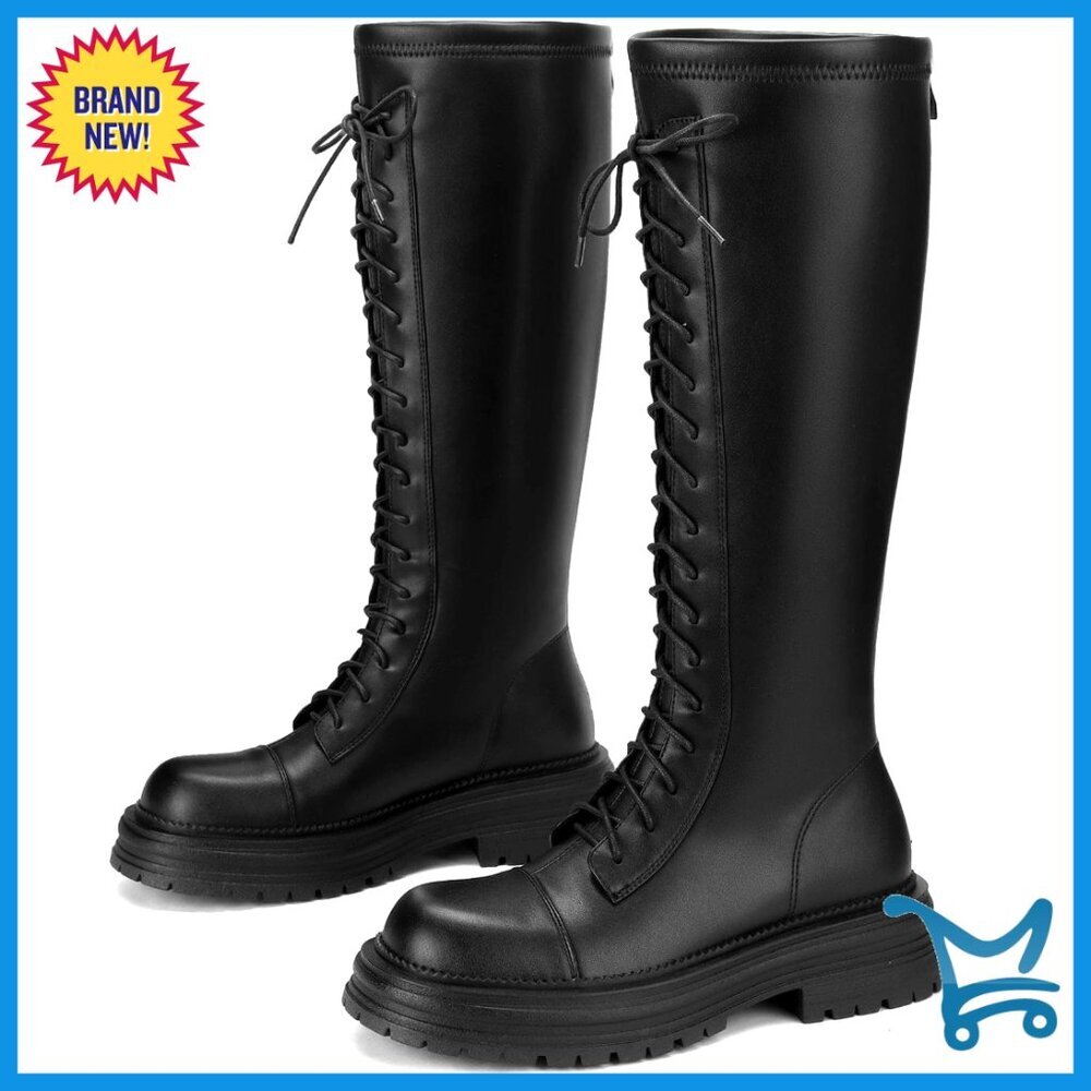 Chunky Platform Knee High Combat Boots Faux Leather Lace Up Zipper